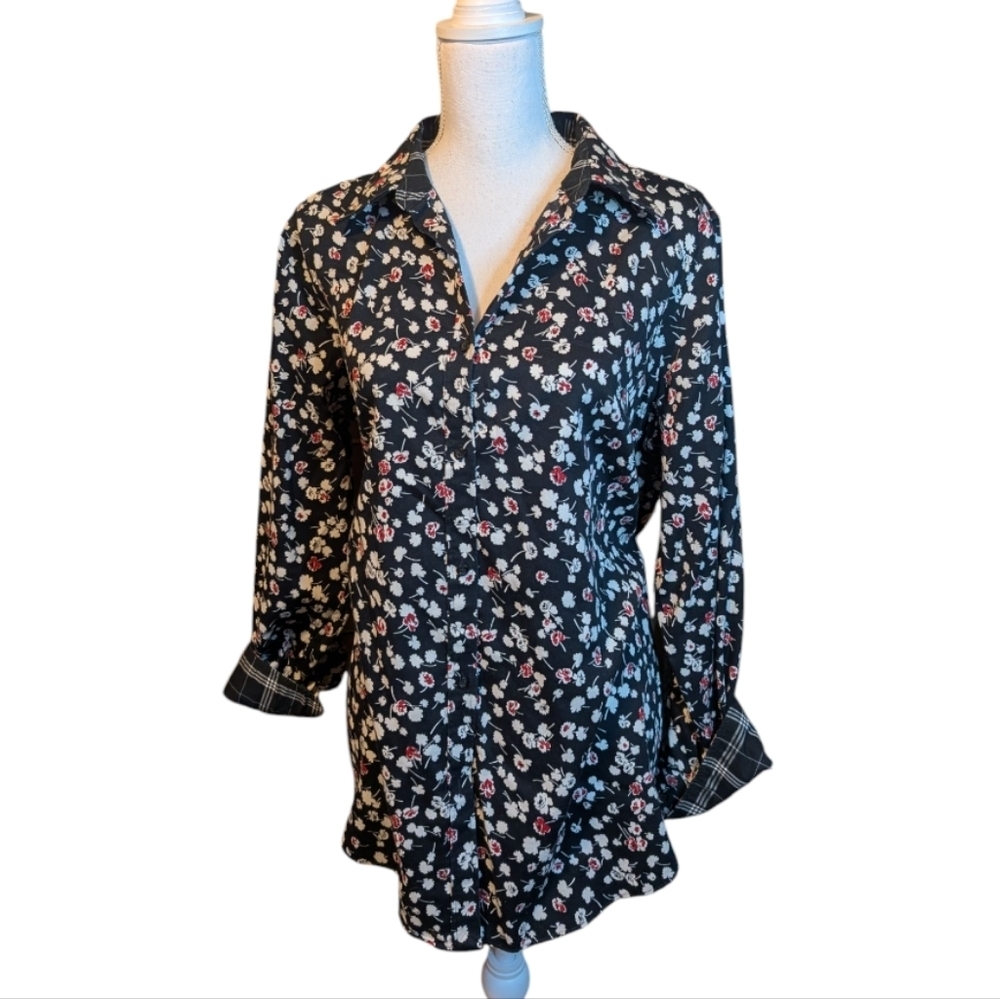Chaps Shirt Women 0X Black Floral Non Iron Long Sleeve Button Down Top